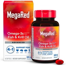메가레드 MegaRed Advanced 4in1 오메가-3 피쉬 오일 + 고흡수율 크릴 500mg 심장 관절 뇌 및 눈을 위한 농축 보충제 40 카운트, 기본