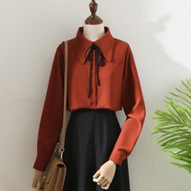 여성블라우스 레트로 홍콩 스타일 레드 옷깃 나비 넥타이 쉬폰 셔츠 여성 2023 봄 드레이프 세련된 탑 블라우스