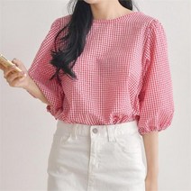드레스날다 마시멜로 퍼프 고방체크 블라우스 bl548