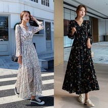 예쁜 꽃무늬 패턴 브이넥 디자인 여성 긴팔 롱 원피스