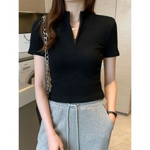 티 셔츠 Femme 지퍼 스탠드 칼라 T 을위한 여름 작물 정상 짧은 소매 티셔츠 의류 흰색 면화 니트집업 반집업니트 라운드니트 봄 스웨터