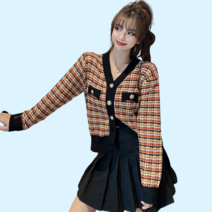 20대 30대 여성 트위드 짧은 니트 가디건 봄 가을 겨울 간절기 체크 카디건 핑크 퍼플 블랙 코디 3컬러