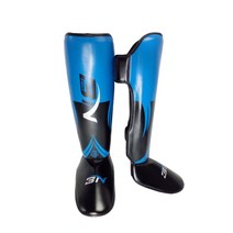 MMA 무술 정강이 보호대 - 킥복싱/MMA 훈련 및 스파링을 위한 패딩 조절 가능한 타이 케이스 타이 레그 가드, PU 가죽, 블루 L 성인