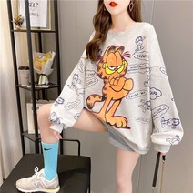 가을 한국식 느슨한 둥근 목 만화 인쇄 중간 길이 대형 여성용 얇은 스웨트 셔츠
