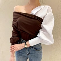 퍼니걸스 1514 카라 셔링 언발 블라우스 오프숄더 퍼프 티셔츠