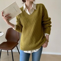 데일리앤 여성 가을 루즈핏 브이넥 케이블 긴팔 니트 티 버터링