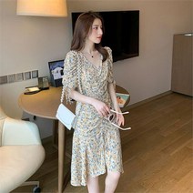 제이블리 브이넥 플라워 쉬폰 스트링 언발 원피스