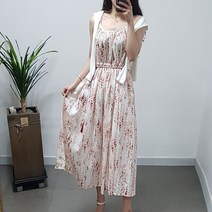 제이후 플라워 끈나시 태슬 셔링 플리츠 플레어 롱 원피스