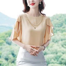 SJW 여성 반팔 블라우스 무지 라운드 튤립 소매 슬림핏 빅사이즈 셔츠 남방 상의 봄 여름