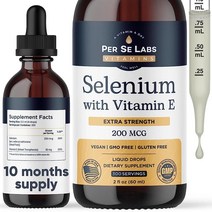Per Se Labs 셀레늄 200mcg | 비타민 E 함유 액체 드롭 300회 분량 면역 지원 강한 심장 빛나는 피부 및 지원을 위한 보충제 USA 미국