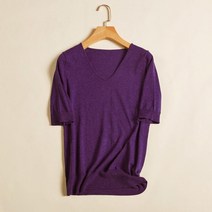 뽕나무 실크 v 넥 짧은 소매 스웨터 느슨한 캐시미어 혼합 스트레이트 슬리브 하프 패션 니트 티셔츠 여성, 06 Purple_01 L