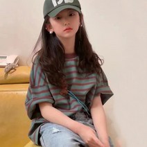걸스 스트라이프 반팔 티셔츠 2022 여름 아동복 컬러 매칭 티셔츠 캐주얼 루즈 탑