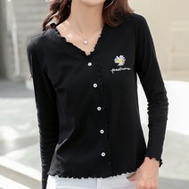 데일로엔 여성용 V넥 데이지 플라워 자수 긴팔 티셔츠