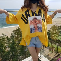 상상그이상 여성용 여자 프린팅 컷팅 유넥 오버핏 반팔 티셔츠