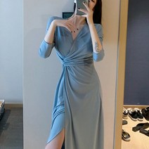 V넥 허리셔링 7부 언발란스 결혼식 하객복 드레스 랩 리본 미디 롱원피스 L699