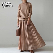 나도퀸 애즈비 니트 쉬폰 플리츠 벨트 롱원피스***판매자 퀸앤조이***