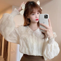 ALIPANG 알리팡 여성 셔츠 레이스 쉬폰 빅카라 러블리 봄셔츠 예쁜셔츠 블라우스 긴팔셔츠 주름셔츠 브이넥 슬리브 가디건 퍼프 카라 정장셔츠 벌룬소매 데일리 프렌치 오버핏 연예인