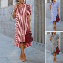 여성 여름 스트리트 패션 짧은 퍼프 소매 옷깃 칼라 스트라이프 인쇄 버튼 플러스 사이즈 느슨한 셔츠 원피스