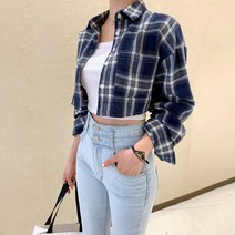 여성 캐주얼 꾸안꾸 체크남방 크롭 셔츠
