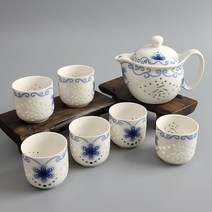 FujianDehuaShengyiyaoCeramicsCo. LTD. 다도 경덕진 다관+잔6 중국 호접화 찻잔세트 청화백자 다기세트 투각, 1개, 1개
