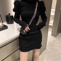 웨딩촬영커플룩 돌잔치엄마원피스 예복원피스 qweek 가을 니트 드레스 한국 여성 겨울 따뜻한 퍼프 긴 소매 미니 드레스 bodycon 블랙 드레스 2021 kpop
