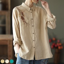 도오빠 여성 셔츠 남방 오버핏 루즈핏 긴팔 여자셔츠 에스닉 자수 빅사이즈 블라우스