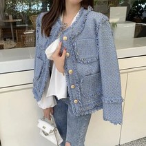 여성 헤링본자켓 울코트 빅사이즈 데일리 트위드 프린지 비즈 재킷 모직 코트 여성용 블루 겨울