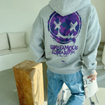 노멀쉐이크 남자 목안늘어나는 오버핏 커플 카모 스마일 프린팅 스트릿 후드티