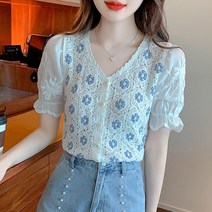 스타일아유 여자 여름 플라워 크로쉐 버튼 에스닉 퍼프 플라워 자수 빈티지 가디건