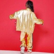 방송 댄스의상 댄스복 힙합 10대 여아 힙합 의류 공연 의류 밝은 금색 코트 바지 재즈