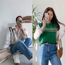 나니까 여성 아가일 크롭 니트조끼
