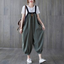 빅사이즈 린넨바지 편안한 여성 오버롤 여름 캐주얼 멜빵 팬츠