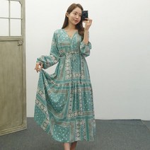 에스닉 브이넥 루즈핏 긴팔 봄 롱원피스