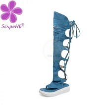 여성 로마 중공 핀치 하이 튜브 샌들 스트랩 웨지 힐 캐주얼 대형 여성 데님 청바지 무릎 통 발가락 신발