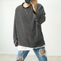 박스 오버핏 밑단트임 스트라이프 빅사이즈단가라티 긴팔티셔츠