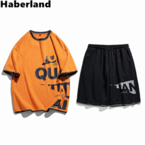 Haberland 여름 남자 데일리 심플 배색 오버핏 츄리닝 반팔 반바지 레이어드세트 트레이닝복 홈웨어 HB3225