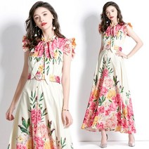 여성 화사한 플라워 해외 디자이너 고급 드레스 쁘띠 플라잉 롱 원피스 청담동룩