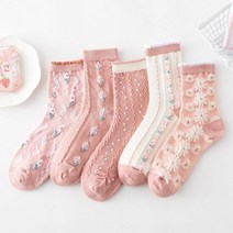 귀여운 레이스 코트 양말 여성용 빈티지 꽃 코튼 자수 3D 선물 5 쌍