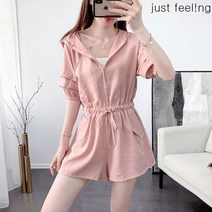 just feel!ng 여름 여성 반팔 후드 지퍼 반바지 점프슈트 허이 밴딩 루즈핏 와이드 반바지 카고 펌프슈트