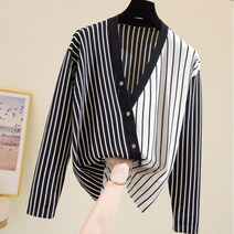 여성 스트라이프 니트 가디건 비대칭 캐주얼 V 넥 아우터 스웨터 코트 겨울 상품