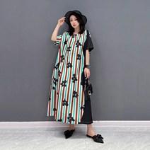 XITAO 트렌디한 스트라이프 프린트 원피스 루즈핏 캐주얼 심플한 블라우스 원피스 분위기 여름 ZY7275