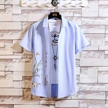 반팔 난초 복고풍 남자 남방 건달 셔츠 꽃무늬 화려한 하와이안 유니크한 옷 동양화 나비