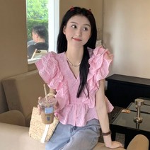 러플 프릴 코튼 면 캡소매 크롭 나시 블라우스 카라없는 하늘하늘 샤랄라 보세 여름 SY