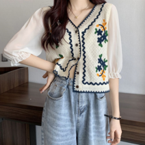 브이와이 VY 여성 크로쉐 비침 칠부반팔 스웨터 가디건