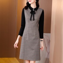 50대원피스 모직 체크 가을 리본카라 비즈 모임 정장 엄마옷 빅사이즈