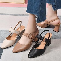 빈티지 스틸레토 솔리드 청키 샌들 여여름신상 리얼가죽백머리 미들힐 구두 슬링백 샌들 엄마 신발 6cm