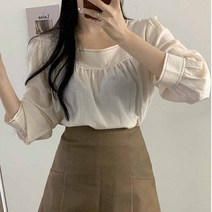 여성 블라우스 가을 오피스룩 셔츠 실크 새틴 겨울 새로운 의류 달콤한 스타일 스퀘어 칼라 단색 긴 퍼프 슬리브 스플라이싱 11667