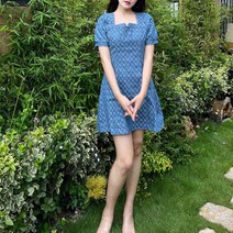 POMTOR 데님 원피스 여 여름 기질 빈티지 프렌치 반팔 스커트
