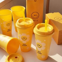 BPA FREE 옐로우데이지 깜찍 스마일 에코컵 찬물을 넣으면 분홍꽃송이로 변신, 1개