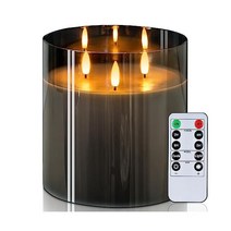 Homemory 15 2 x 2cm(6 6인치) 초대형 불꽃 없는 양초 심지 3개 유리 LED 기둥 양초 리모컨 및 타이머가 있는 리얼 왁스 배터리 작동 캔들 그레이